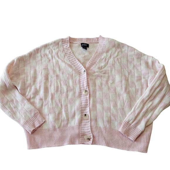 Just Polly‎ Women's Pink Checkered Button Up Cardigan Sweater. Size M - Picture 2 of 9